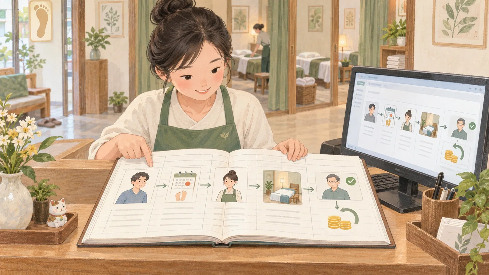 共享账本、工程师改进工作流程、顾客顺利到店，串成一条持续变好的链