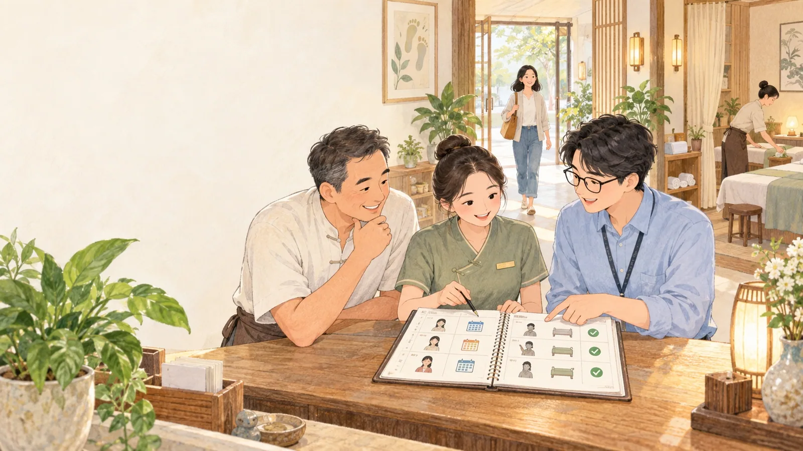 企业主、店员与工程师围绕预约账本协作，足浴店的顾客顺利到店