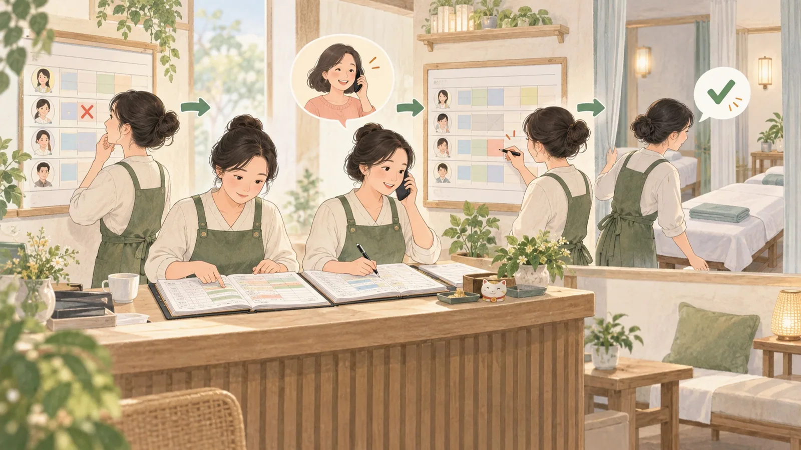技师临时请假后，店长联系顾客、调整预约和排班，并确认包间落实