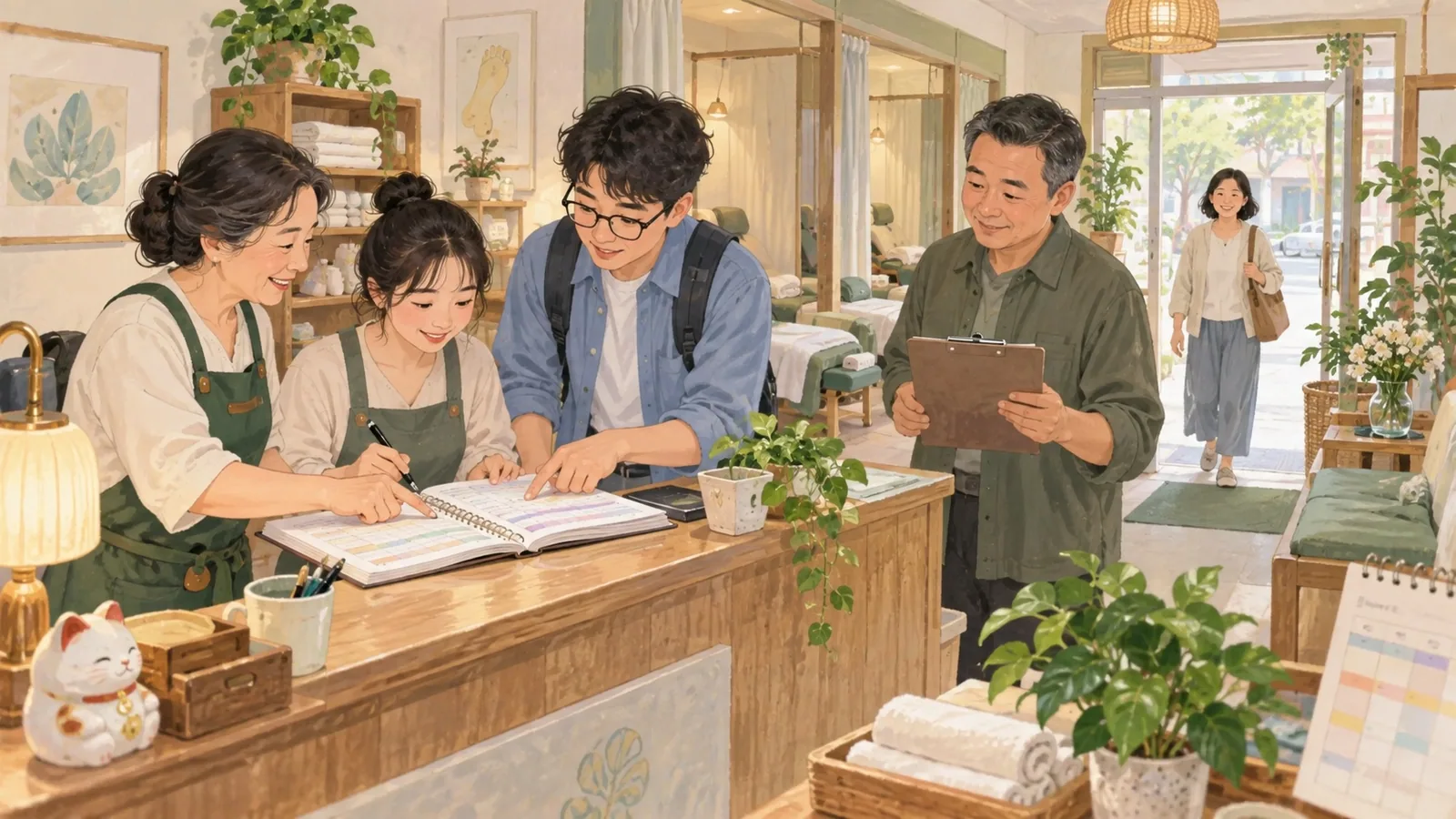 前台、店长和电脑共同查看一本关联客人、预约、技师与包间的账本