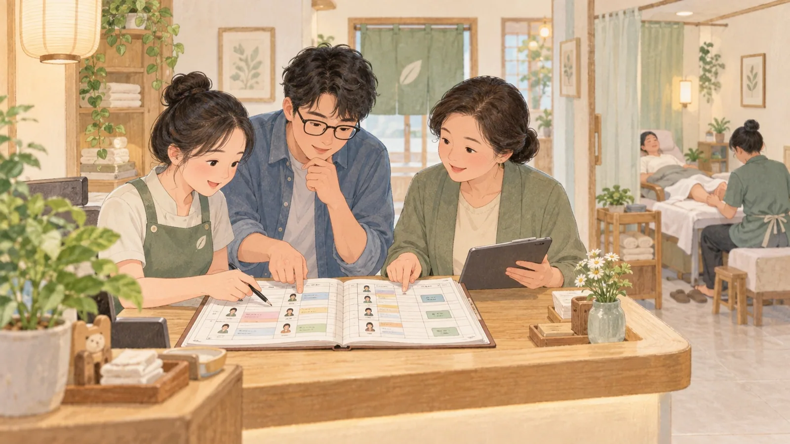 工程师、共享账本和店长一起处理临时请假后的预约变更并确认结果